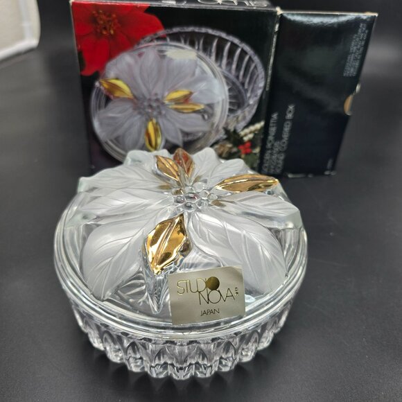 Studio Nova Crystal Dish Golden Poinsettia Floral Lid Japan JJ3974 - Picture 7 of 7